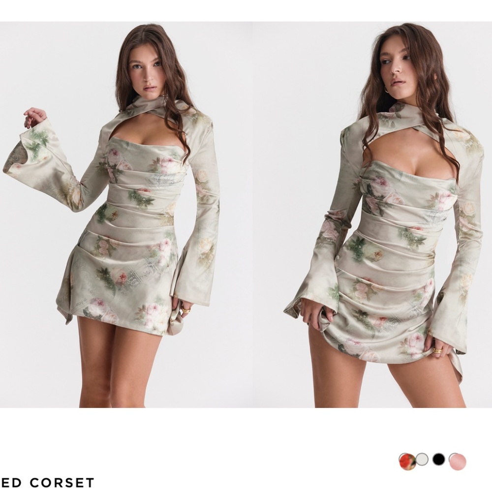 House of CB ‘Toira’ Vintage Floral Draped mini green Corset Dress NWOT size L